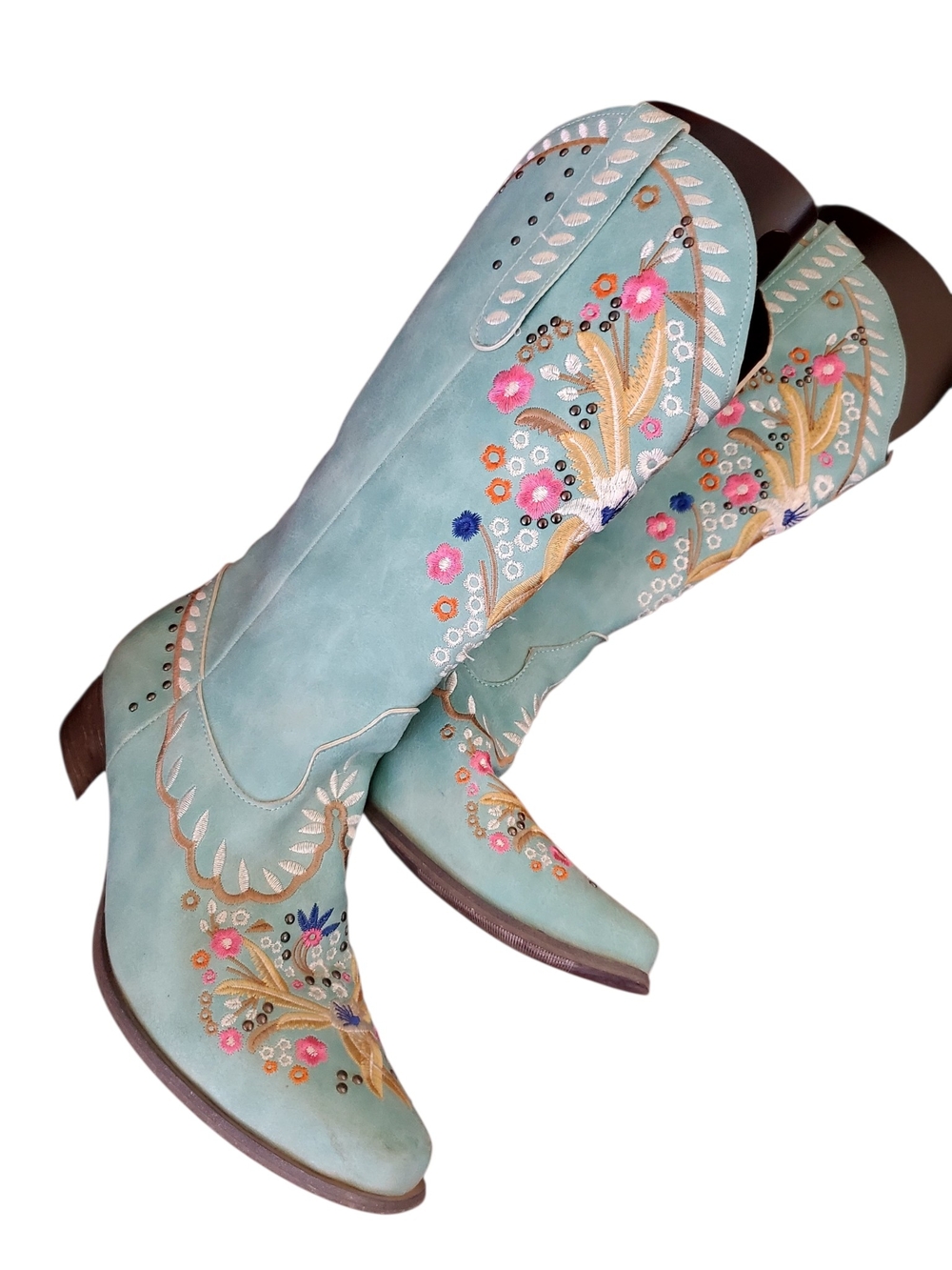 Turquoise Embroidered Western Heeled Boots - Picture 8 of 9